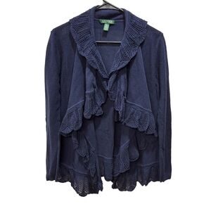 LRL Ralph Lauren~100% Cotton~Lace Trim~Open Front~Navy Women's Cardigan~Medium